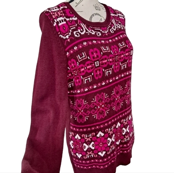 Talbots Pink Lambswool Womens Fair isle knit Crew Neck Beaded crystal sweater M - Picture 8 of 16